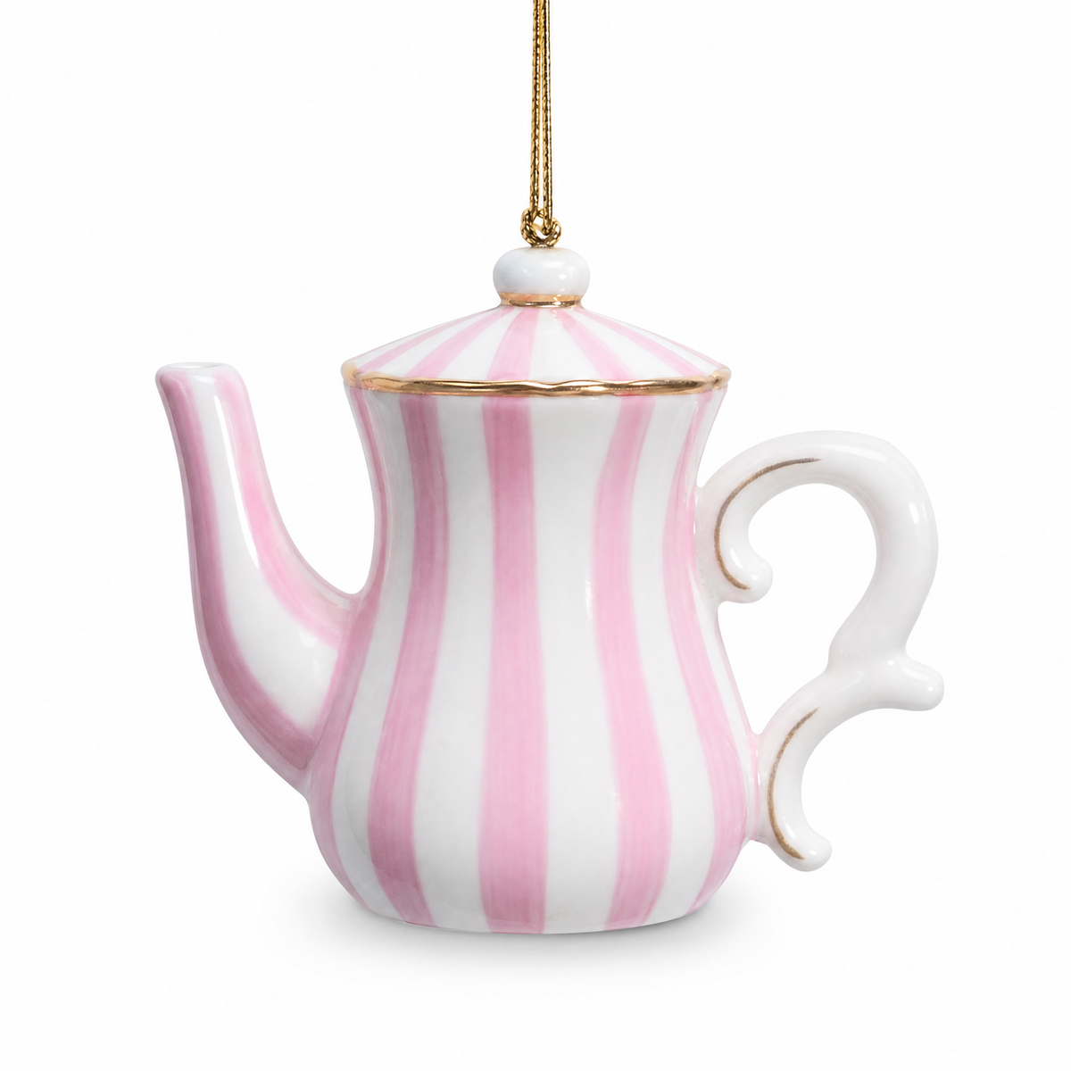 Pink Striped Porcelain Teapot Ornament, Round design: a low rounded body with a domed lid