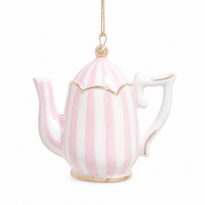 Pink Striped Porcelain Teapot Ornament, Footed design: a scalloped lid edge and gold banding at the foot