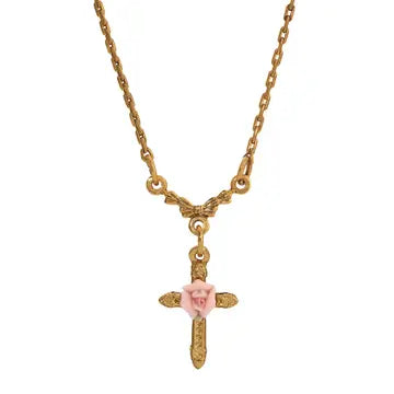Gold Tone Cross and Pink Porcelain Flower Necklace