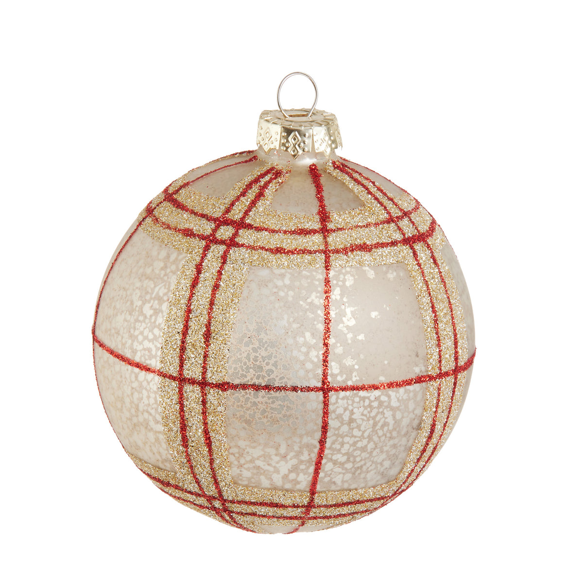 Plaid Ball Ornament, A cream glass ball ornament decorated with a crisscrossing red and gold glitter plaid pattern.