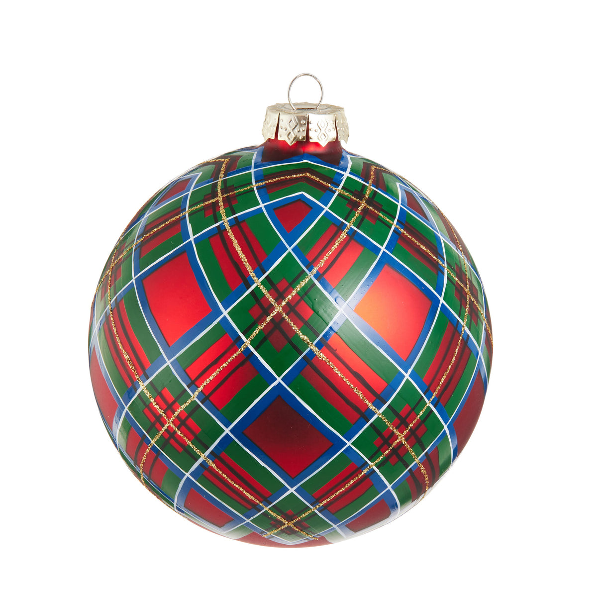 Plaid Ball Ornament, A round glass ornament painted with a red, green, blue and white plaid pattern crossed with a thin gold glitter line.