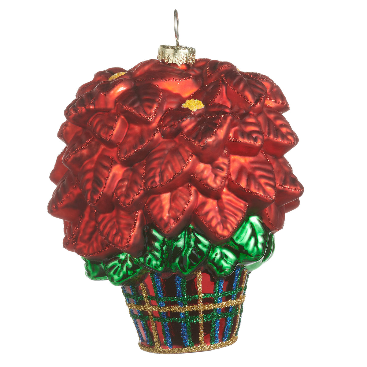 Poinsettia Ornament, A glass ornament shaped like a red poinsettia plant in a red, green, blue and gold plaid pot.