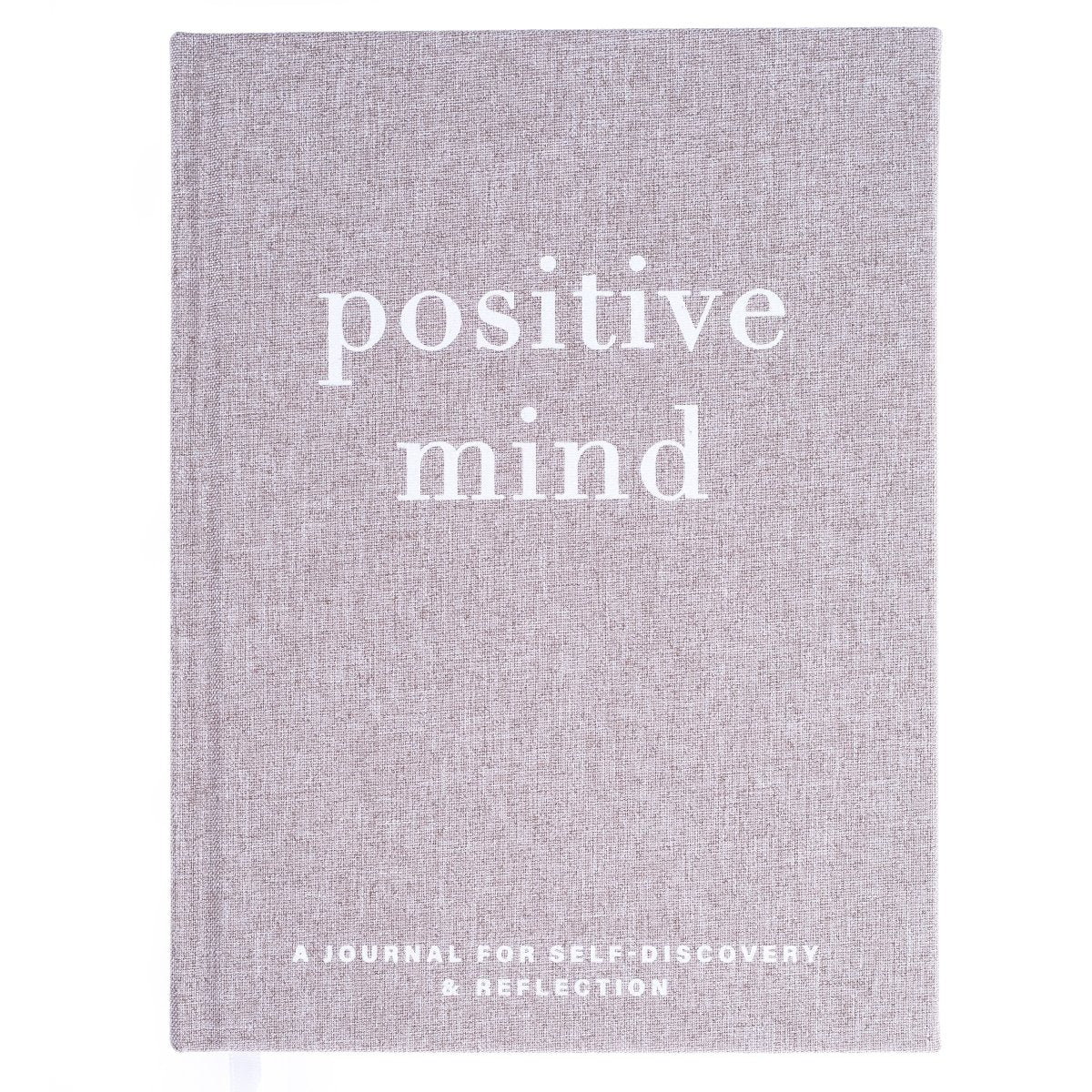 Positive Mind Self-Care Journal, A heathered gray fabric journal with 'positive mind' foiled in white above 'a journal for self-discovery and reflection'.