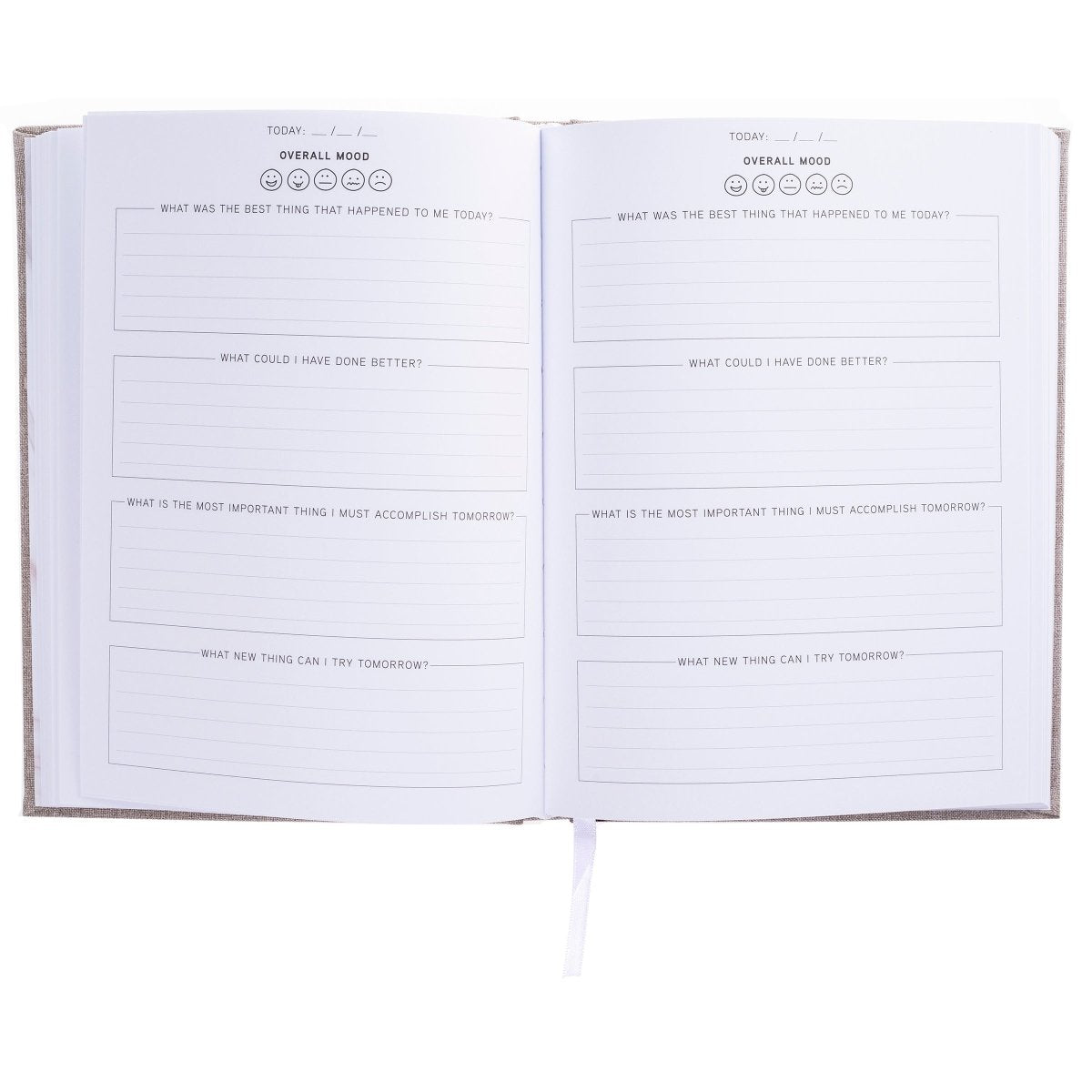 Positive Mind Self-Care Journal, A heathered gray fabric journal with 'positive mind' foiled in white above 'a journal for self-discovery and reflection'.