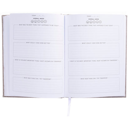 Positive Mind Self-Care Journal, A heathered gray fabric journal with 'positive mind' foiled in white above 'a journal for self-discovery and reflection'.