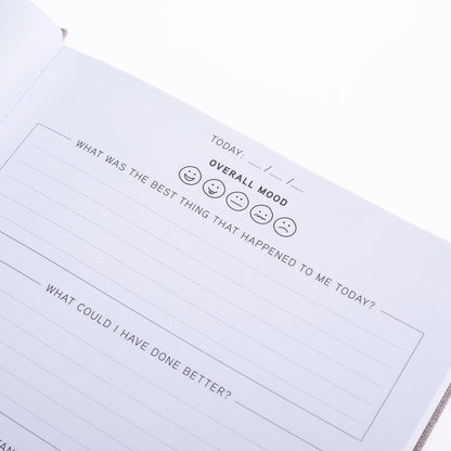 Positive Mind Self-Care Journal, A heathered gray fabric journal with 'positive mind' foiled in white above 'a journal for self-discovery and reflection'.
