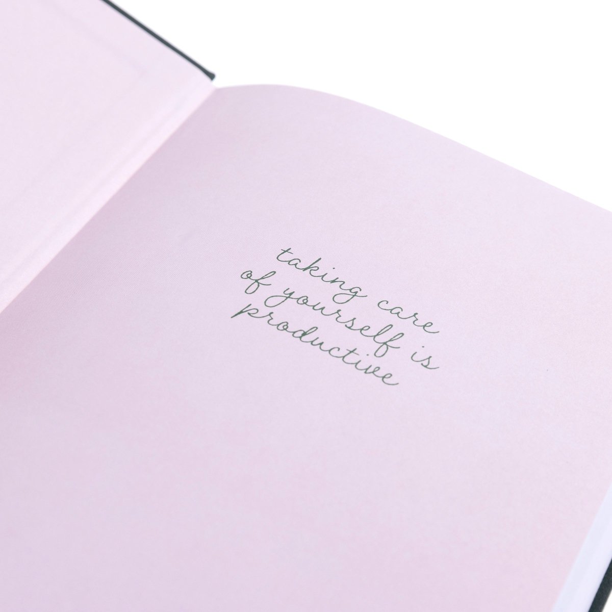 Positive Self-Care Journal, A deep green fabric journal with a rose gold botanical arch and 'Be Gentle With Yourself' foiled on the cover.