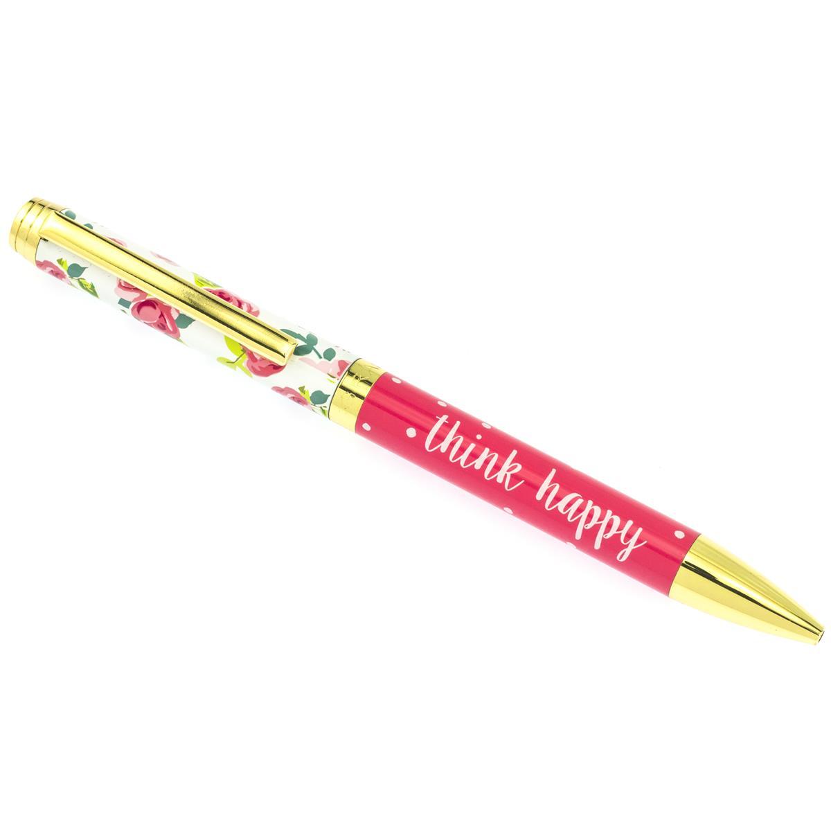 Pretty Floral Fashion Pen, A ballpoint pen with a rose print cap and gold trim, paired with a hot pink polka dot barrel printed Think Happy in white script.