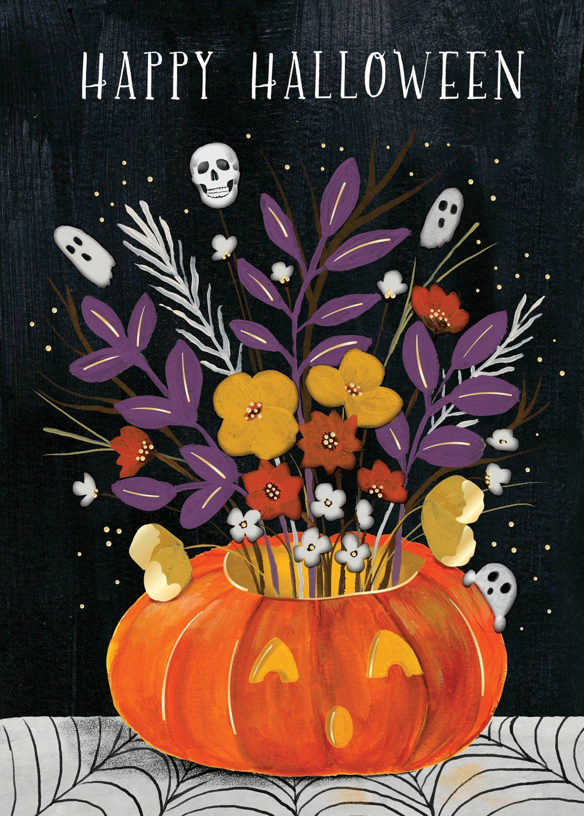Pumpkin Bouquet Greeting Card, Front of a Halloween card on a black chalkboard-style background with HAPPY HALLOWEEN in white letters above an orange carved pumpkin holding a bouquet of purple leaves and yellow, rust and white flowers, with small ghosts and a skull floating among the stems.