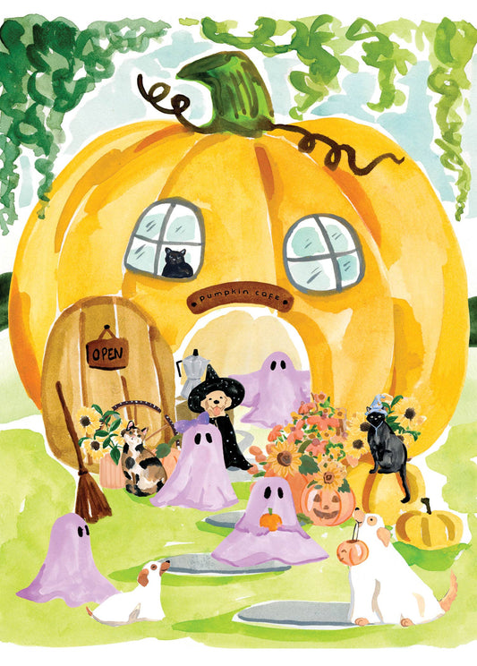 Pumpkin Patch Pals Greeting Card, Front of the card showing a painted pumpkin cafe with an OPEN sign on its door, a dog in a witch hat, lavender ghosts, cats and sunflowers on a green lawn.