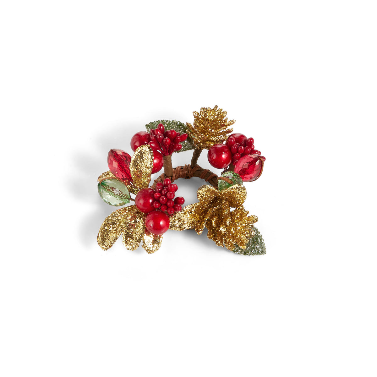 Red and Gold Votive Candle Ring, A small candle ring of glossy red berries, faceted red and green beads, gold glitter leaves and gold glitter pinecones around a wrapped brown base.