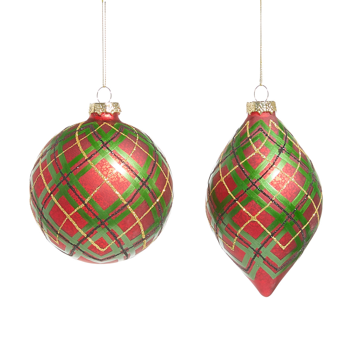 Red and Green Plaid Glass Ornament, Two red glass ornaments, a round ball and a pointed teardrop, covered in a plaid of green bands with black and gold glitter lines beneath gold caps.