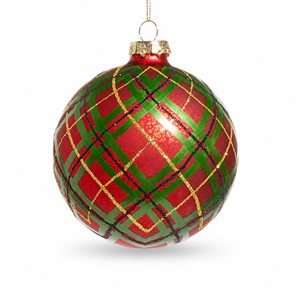 Red and Green Plaid Glass Ornament, Ball design: 4 inches in diameter