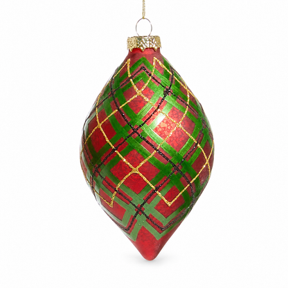Red and Green Plaid Glass Ornament, Teardrop design: 3 inches in diameter and 5 inches tall