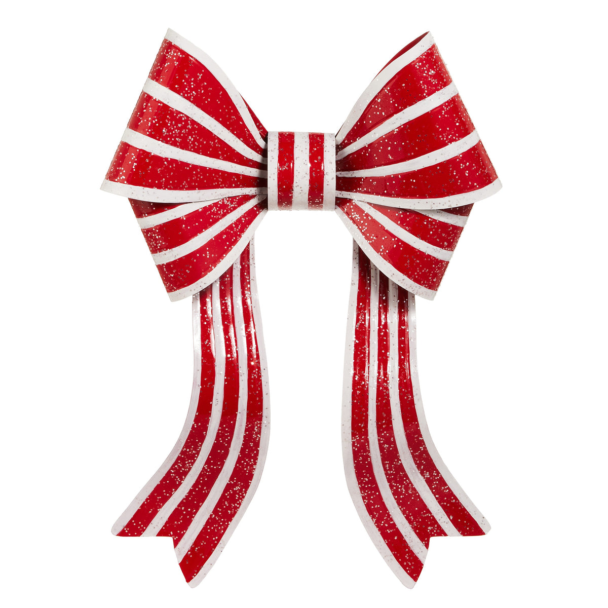 Red and White Stripe Bow, A large red and white striped metal bow with a glitter finish.