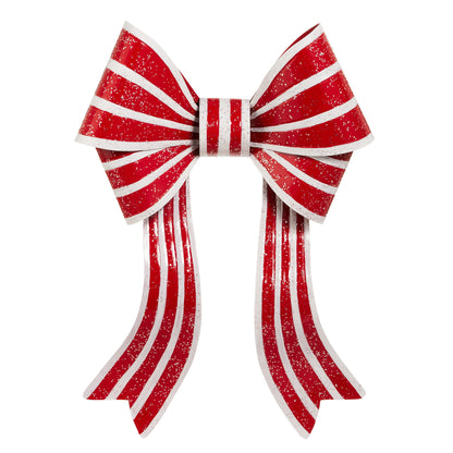 Red and White Stripe Bow, A large red and white striped metal bow with a glitter finish.