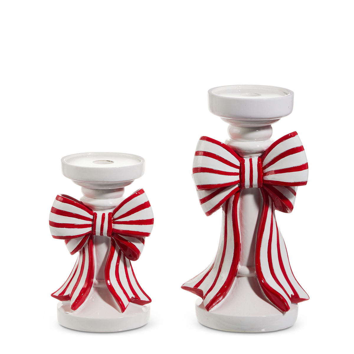 Red and White Stripe Bow Candle Holder, A glossy white pillar candle holder wrapped with a red and white striped bow, shown in its small and large sizes.