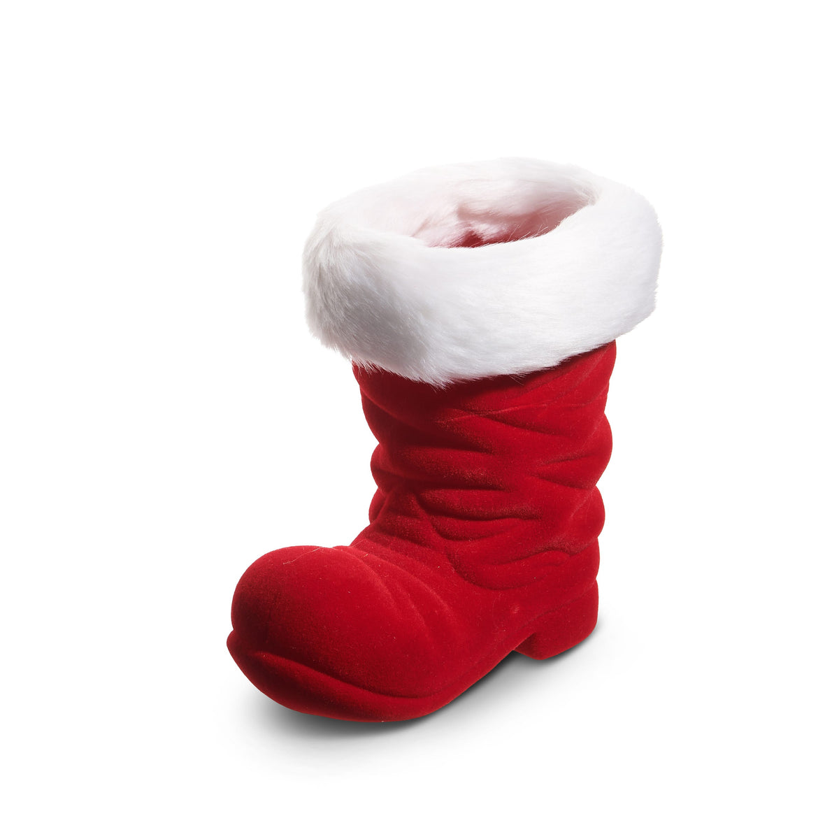 Red Flocked Christmas Boot with White Cuff, A red flocked boot with a fluffy white cuff around its open top, standing on a white background.