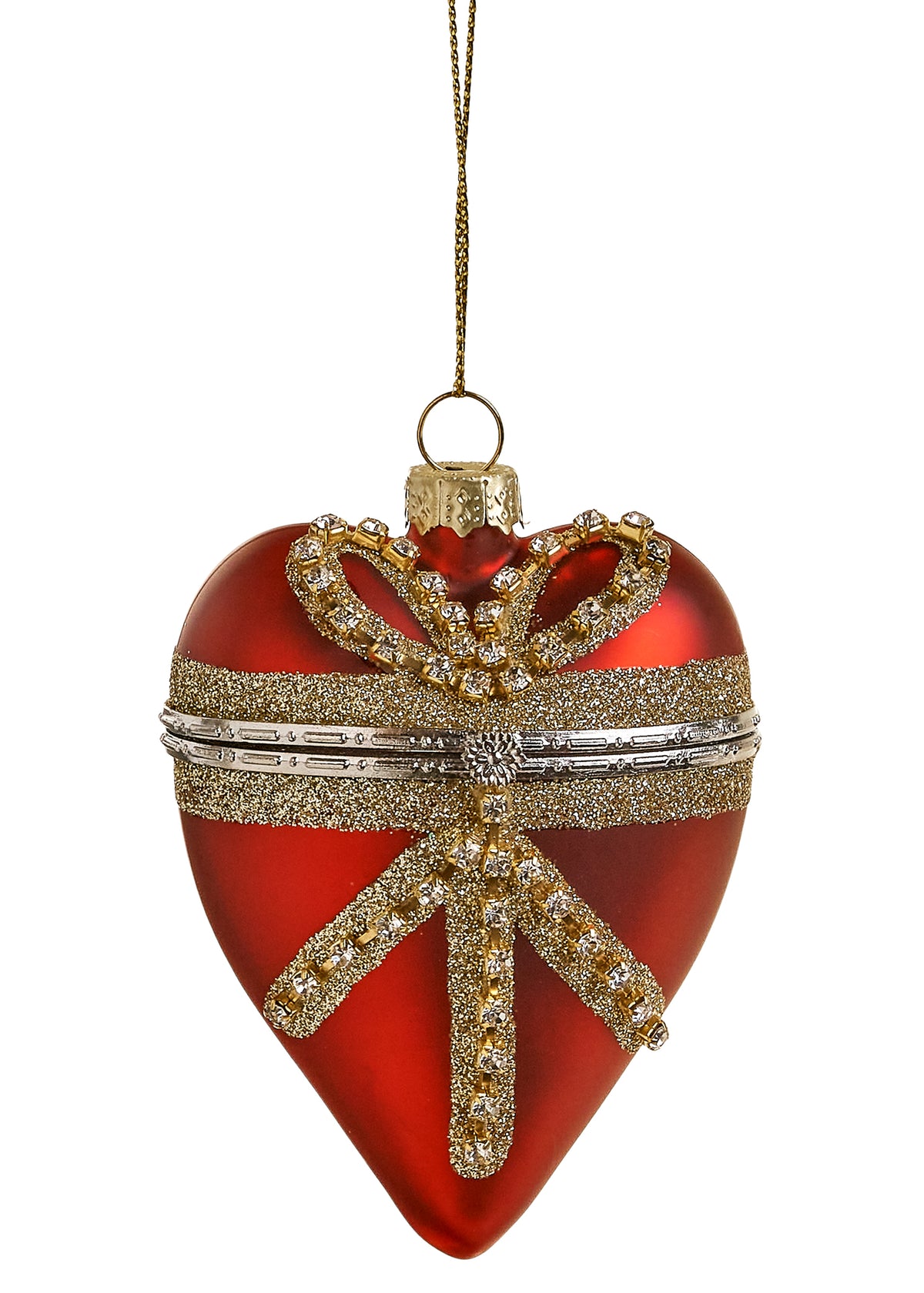 Red Glass Heart Ornament That Opens, A red glass heart ornament wrapped in a gold glitter and rhinestone ribbon bow, with a hinged silver band around the middle and a gold cap and cord.