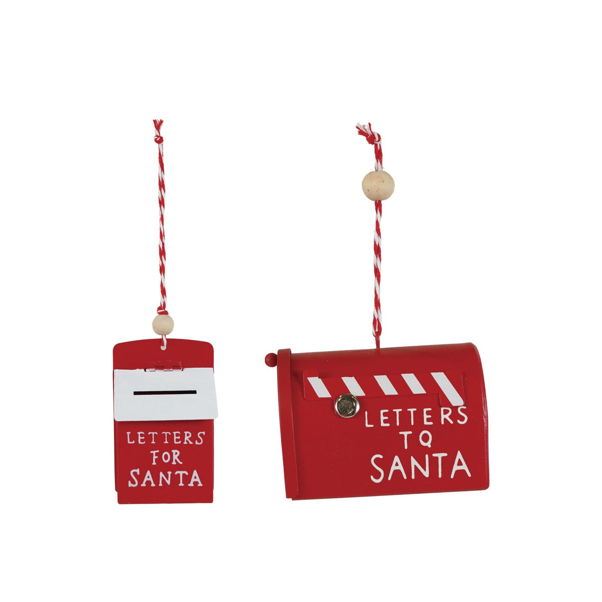 Red Metal Mailbox Ornament with Wood Bead Accent, Two red metal mailbox ornaments with wood bead accents, one lettered Letters For Santa, one lettered Letters To Santa.
