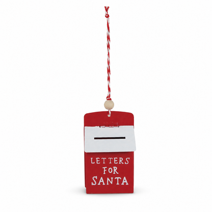 Red Metal Mailbox Ornament with Wood Bead Accent, Letters For Santa design: an upright mailbox with a paper slot, lettered "Letters For Santa"
