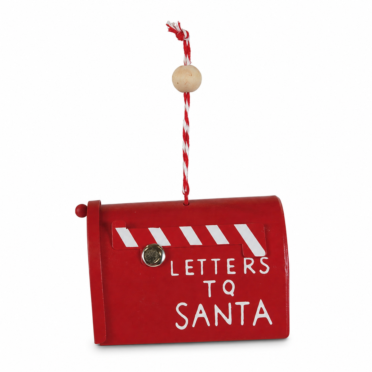 Red Metal Mailbox Ornament with Wood Bead Accent, Letters To Santa design: a curved mailbox with a striped flag, lettered "Letters To Santa"