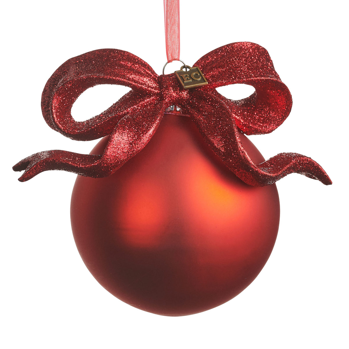 Red Ribbon Ball Ornament, A matte red ball ornament topped with a large red glitter ribbon bow.