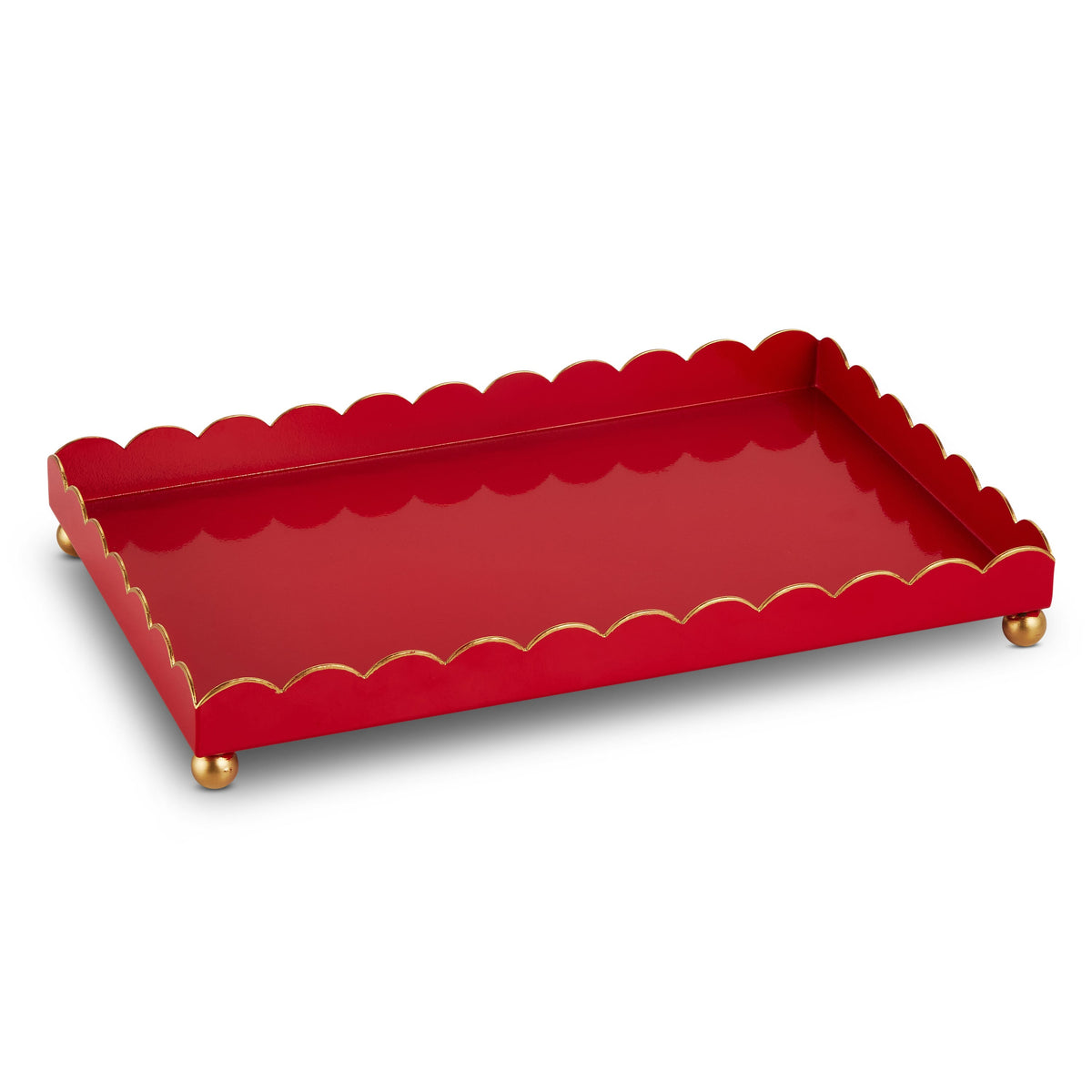 Red Scalloped Tray with Gold Trim, A rectangular red tray with a scalloped rim edged in gold, standing on gold ball feet.