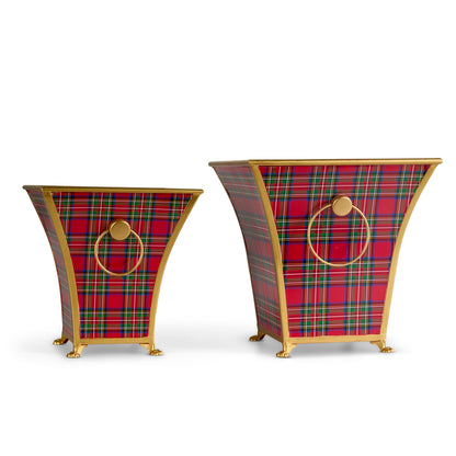 Red Tartan Plaid Cache Pot, A flared square cache pot in red tartan plaid with gold trim, a gold ring on the front and gold paw feet, shown in its small and large sizes.