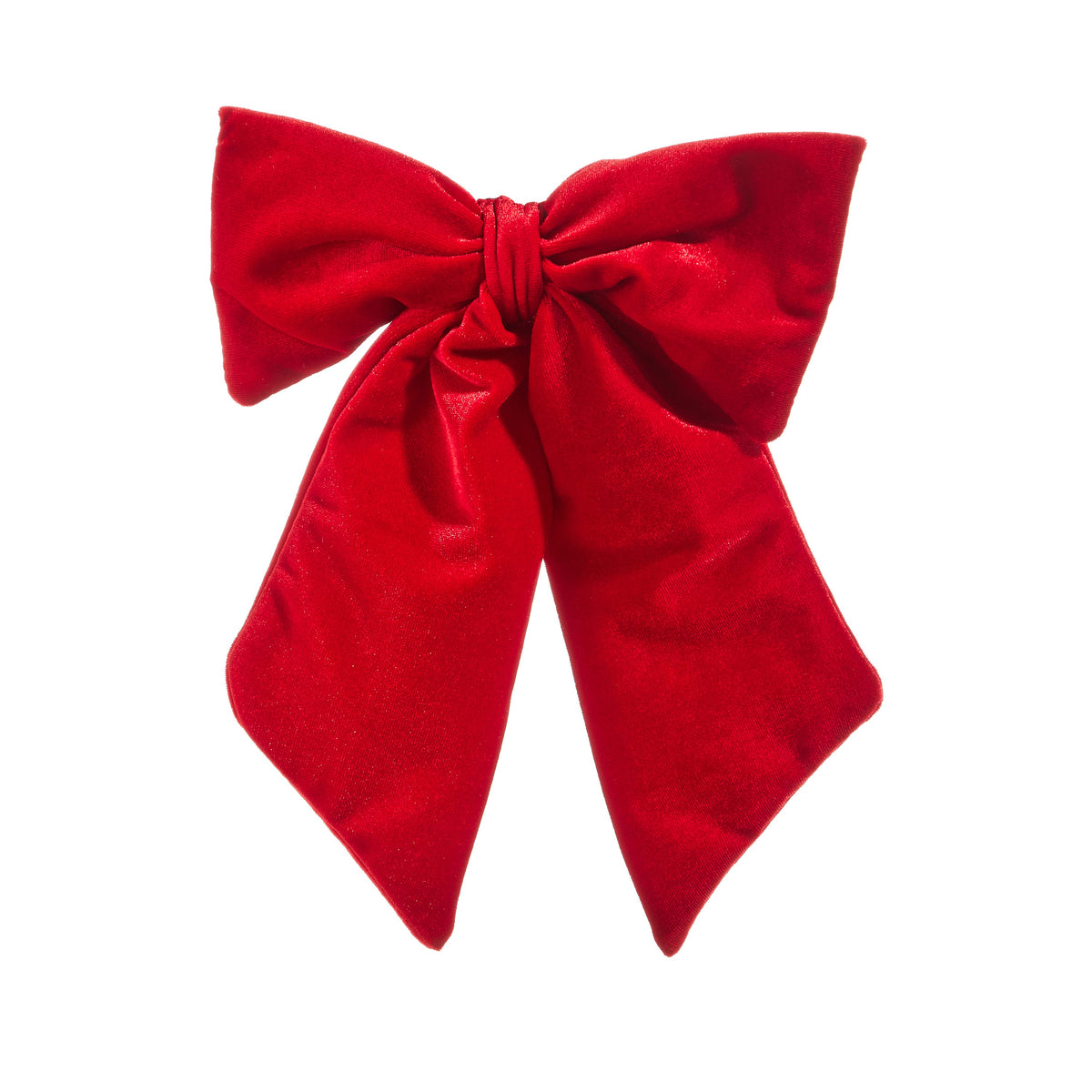 Red Velvet Bow Clip-On Ornament, A large red velvet bow with two loops and long pointed tails.