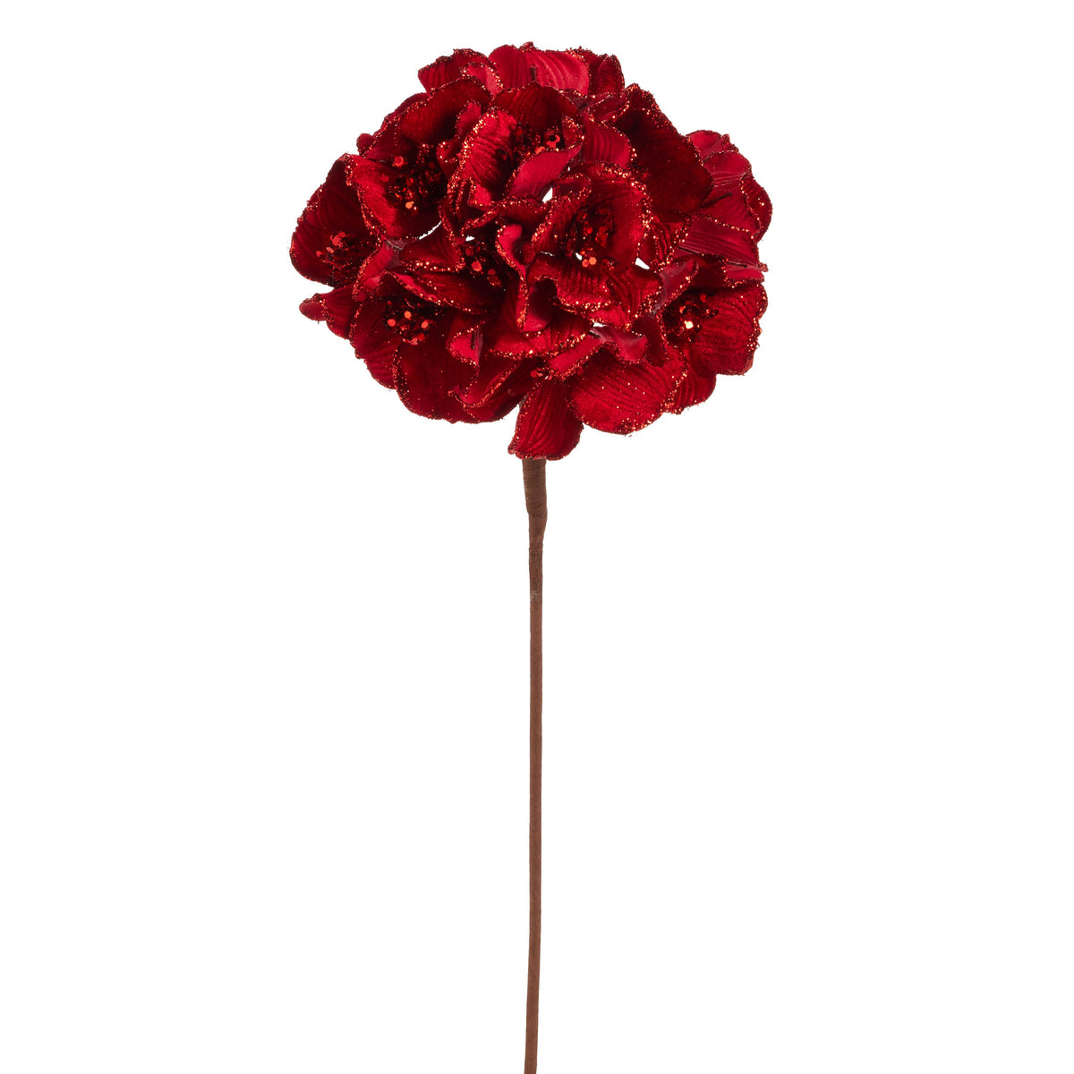 Red Velvet Hydrangea Stem, A single faux hydrangea stem with a round head of deep red velvet petals edged in glitter and sequin centers on a brown wrapped stem.