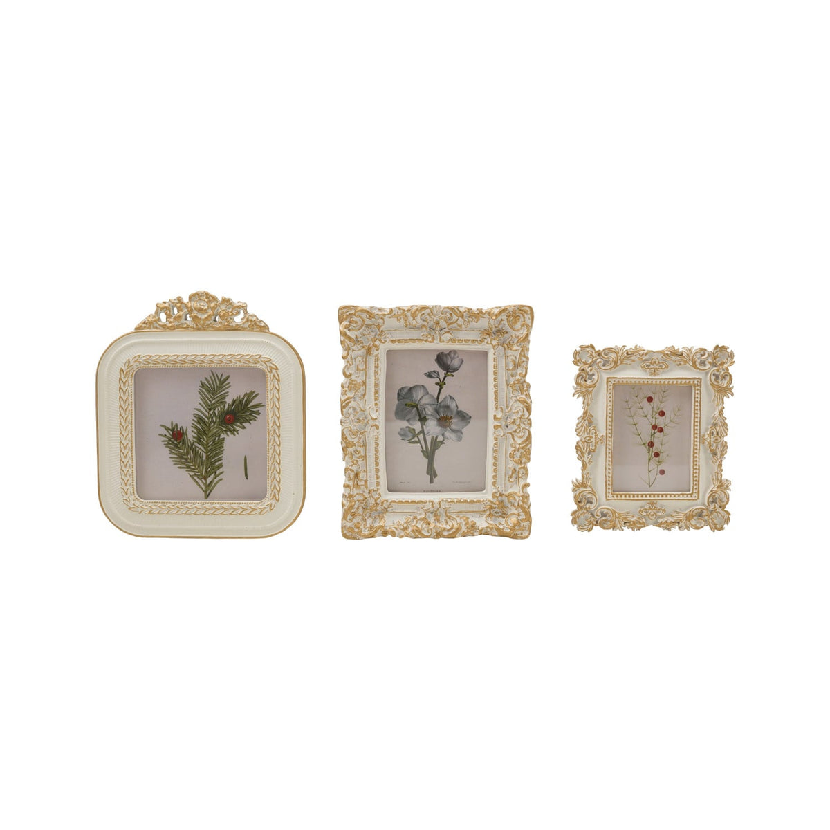 Resin Baroque Photo Frame, Three white and gold resin baroque photo frames of different sizes and shapes, one square holding a 3 inch photo, one large rectangle holding a 2.5 by 3.5 inch photo, one small rectangle holding a 2 by 3 inch photo.