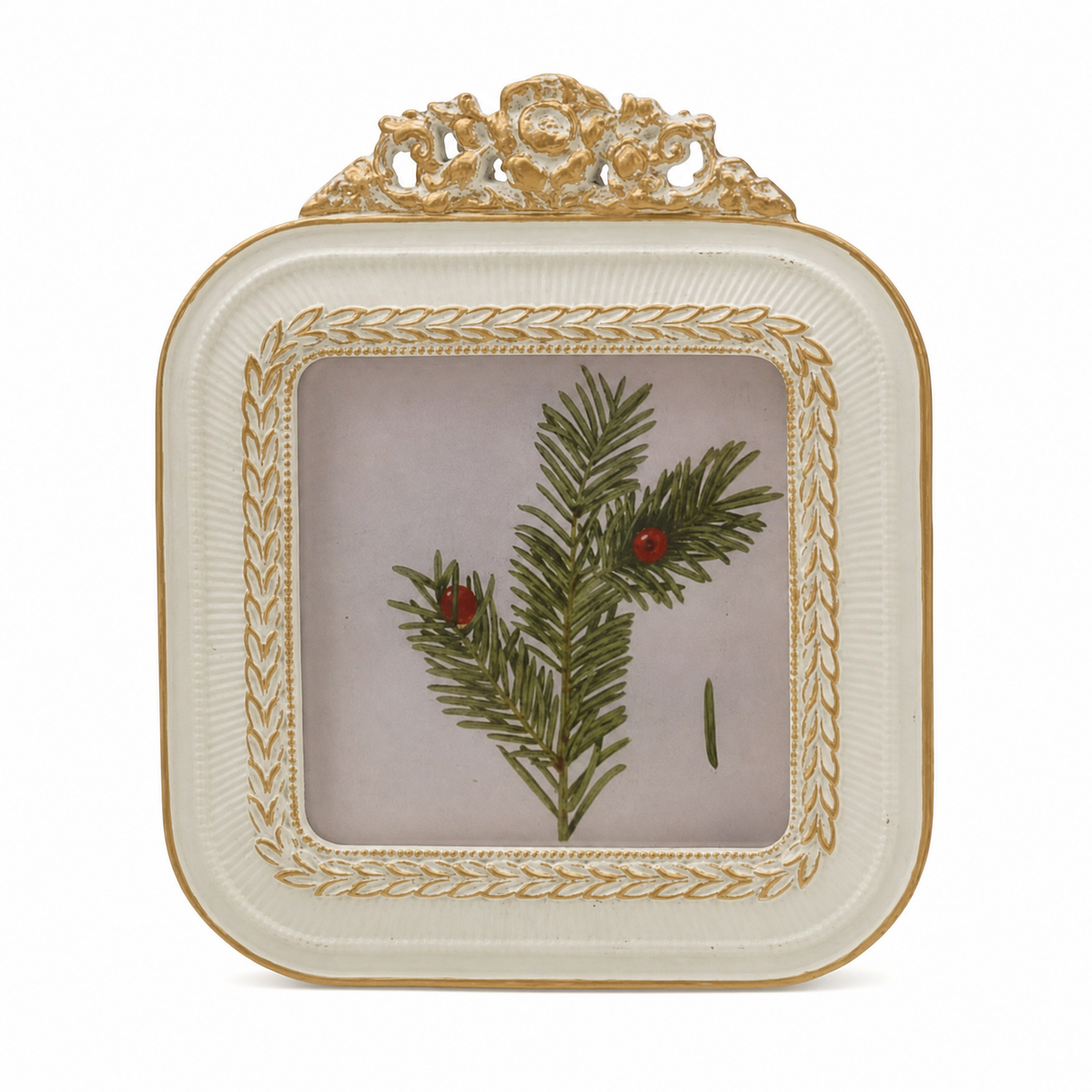 Resin Baroque Photo Frame, Square (holds 3in x 3in) design: a rounded square frame with a floral crest top