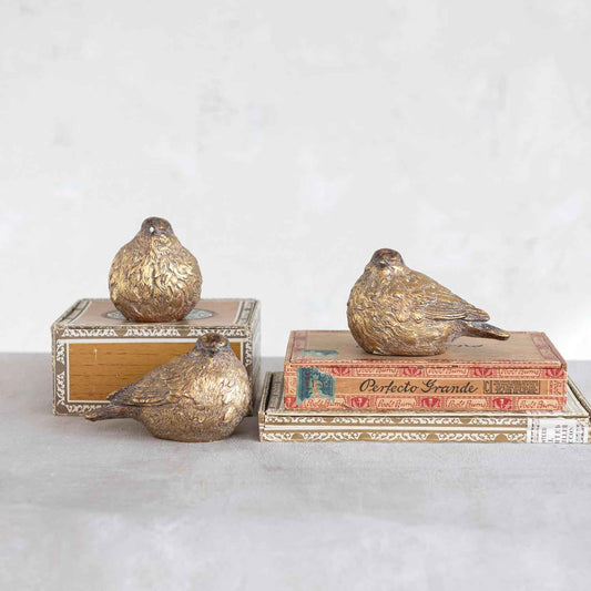 Resin Bird Figurine, Distressed Gold Finish