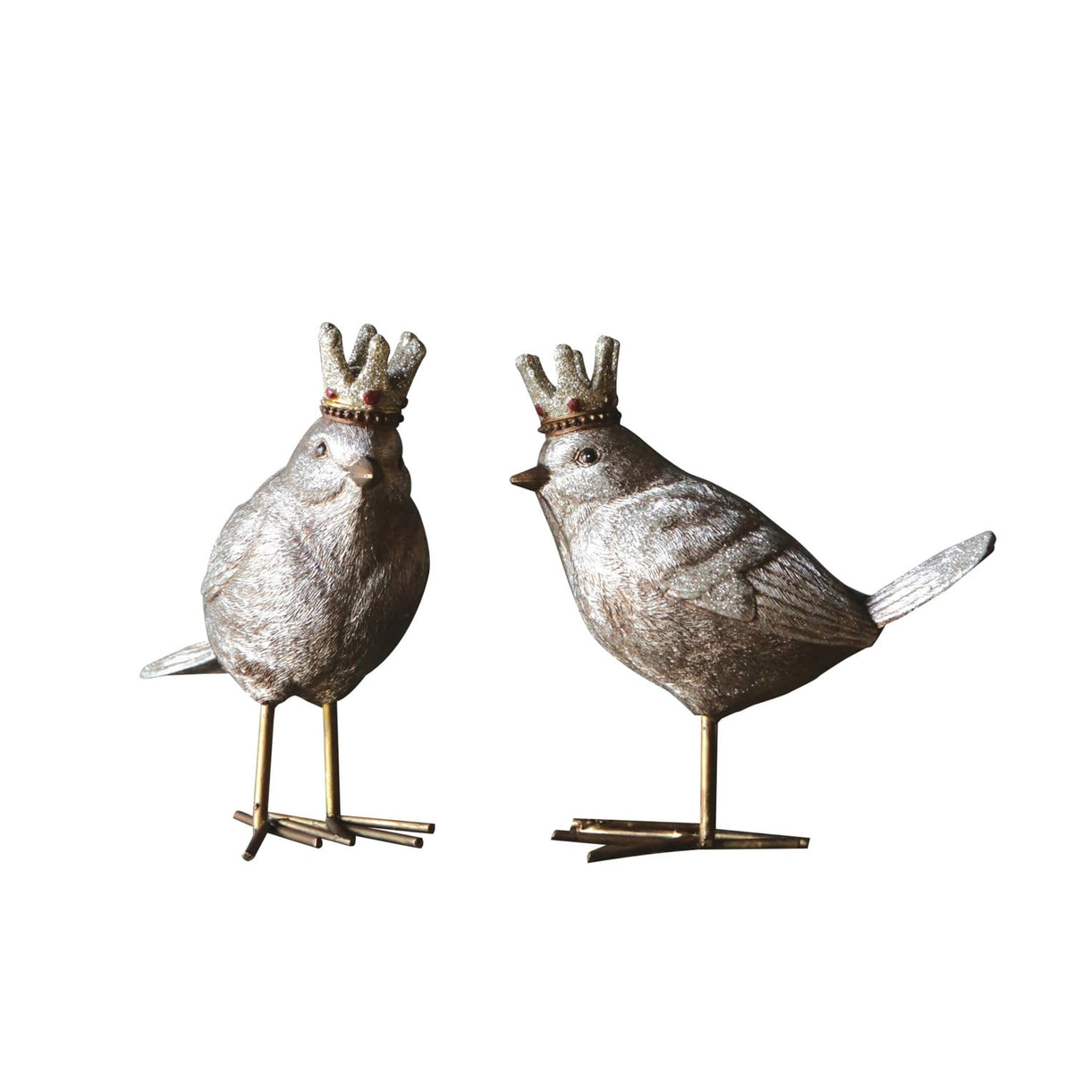 Resin Bird with Crown Figurine, Two gold resin bird figurines wearing tiny crowns, one facing forward and one in side profile.