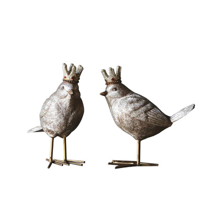 Resin Bird with Crown Figurine, Two gold resin bird figurines wearing tiny crowns, one facing forward and one in side profile.