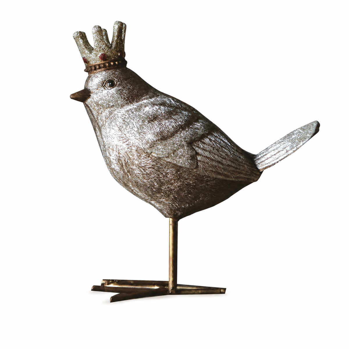 Resin Bird with Crown Figurine, Side Profile design: a sleeker bird stands in profile, tail feathers visible