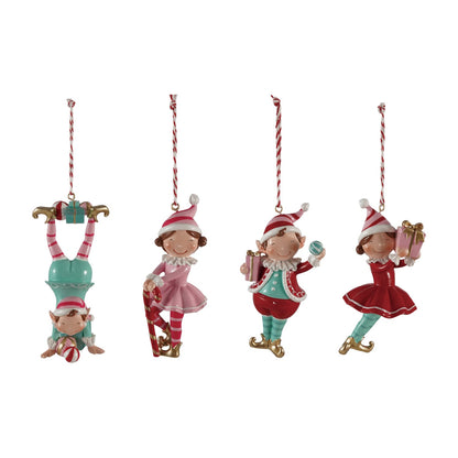 Resin Elf with Gifts Ornament, Four hand-painted resin elf ornaments in playful poses, one doing a handstand over a gift box, one holding a candy cane, one holding a gift and an ornament ball, one holding a wrapped present.