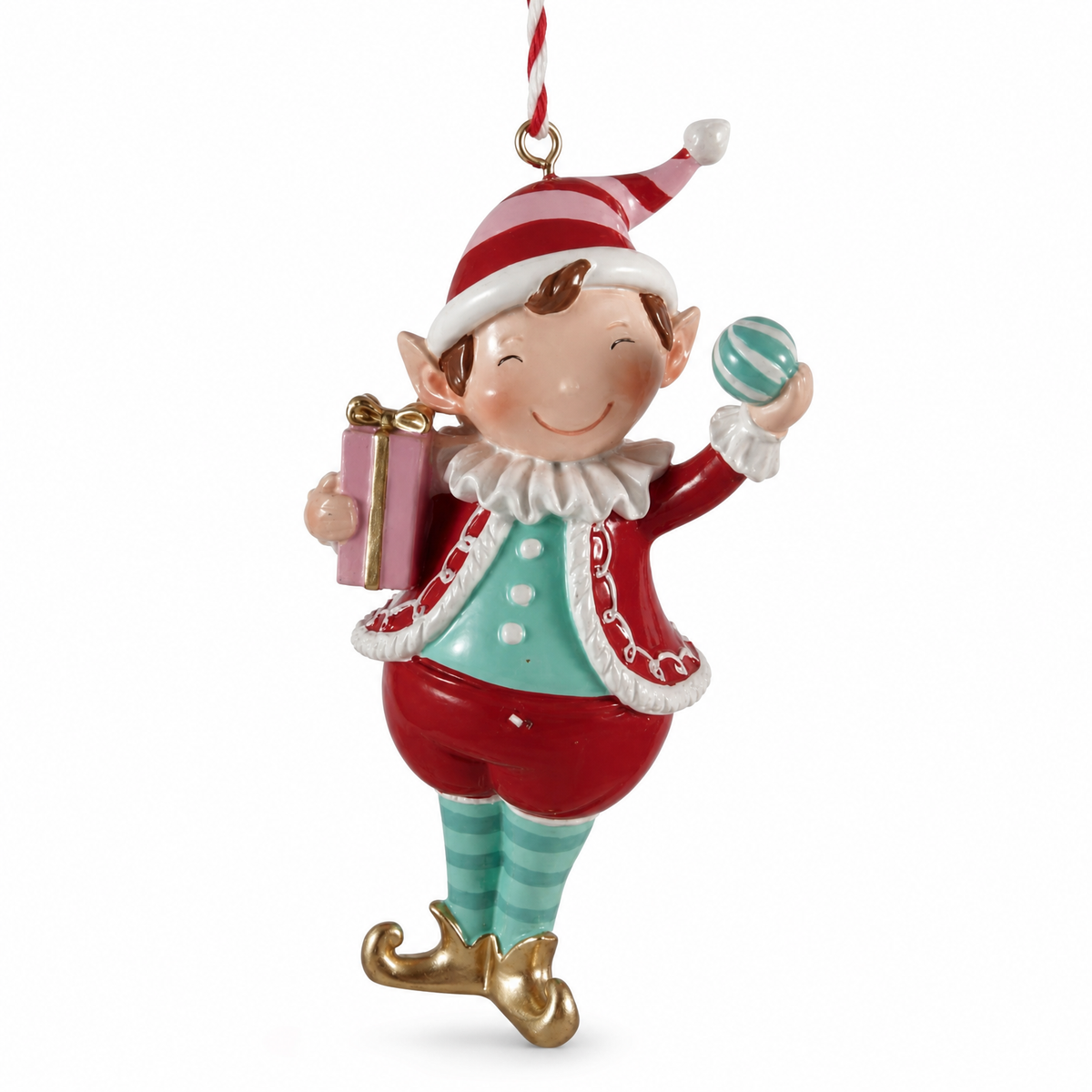 Resin Elf with Gifts Ornament, Gift and Ball design: an elf holds a wrapped gift and a striped ornament ball