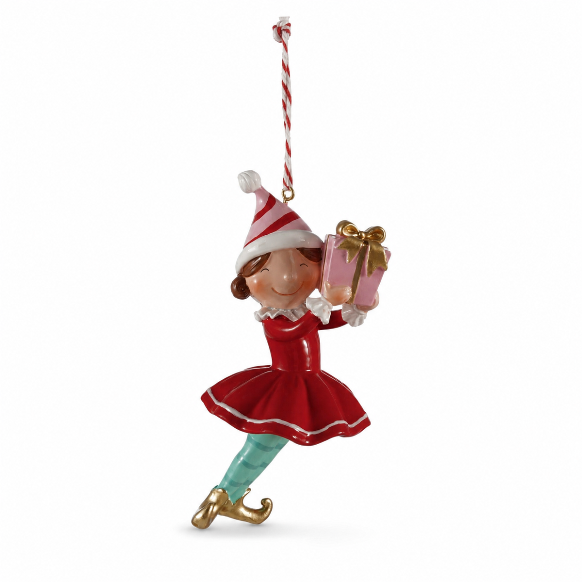 Resin Elf with Gifts Ornament, Wrapped Gift design: an elf in red holds up a bow-topped present