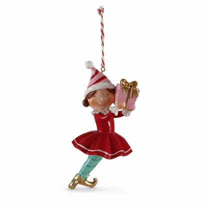 Resin Elf with Gifts Ornament, Wrapped Gift design: an elf in red holds up a bow-topped present