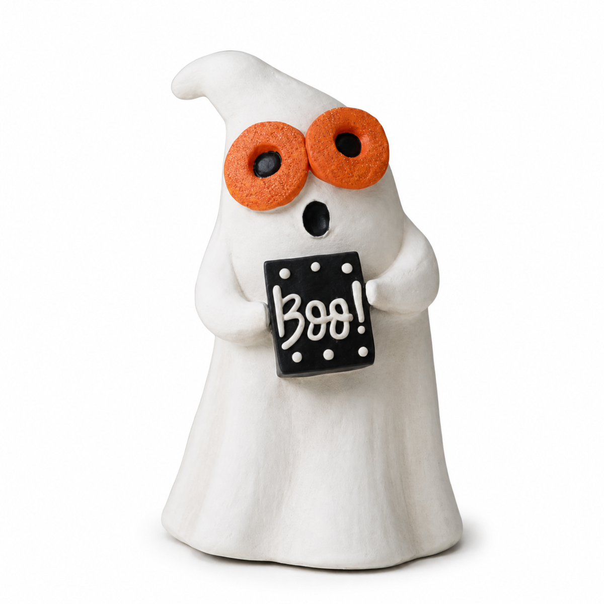 Resin Halloween Ghost, Boo Sign design: round orange glasses, holding a black sign painted with BOO