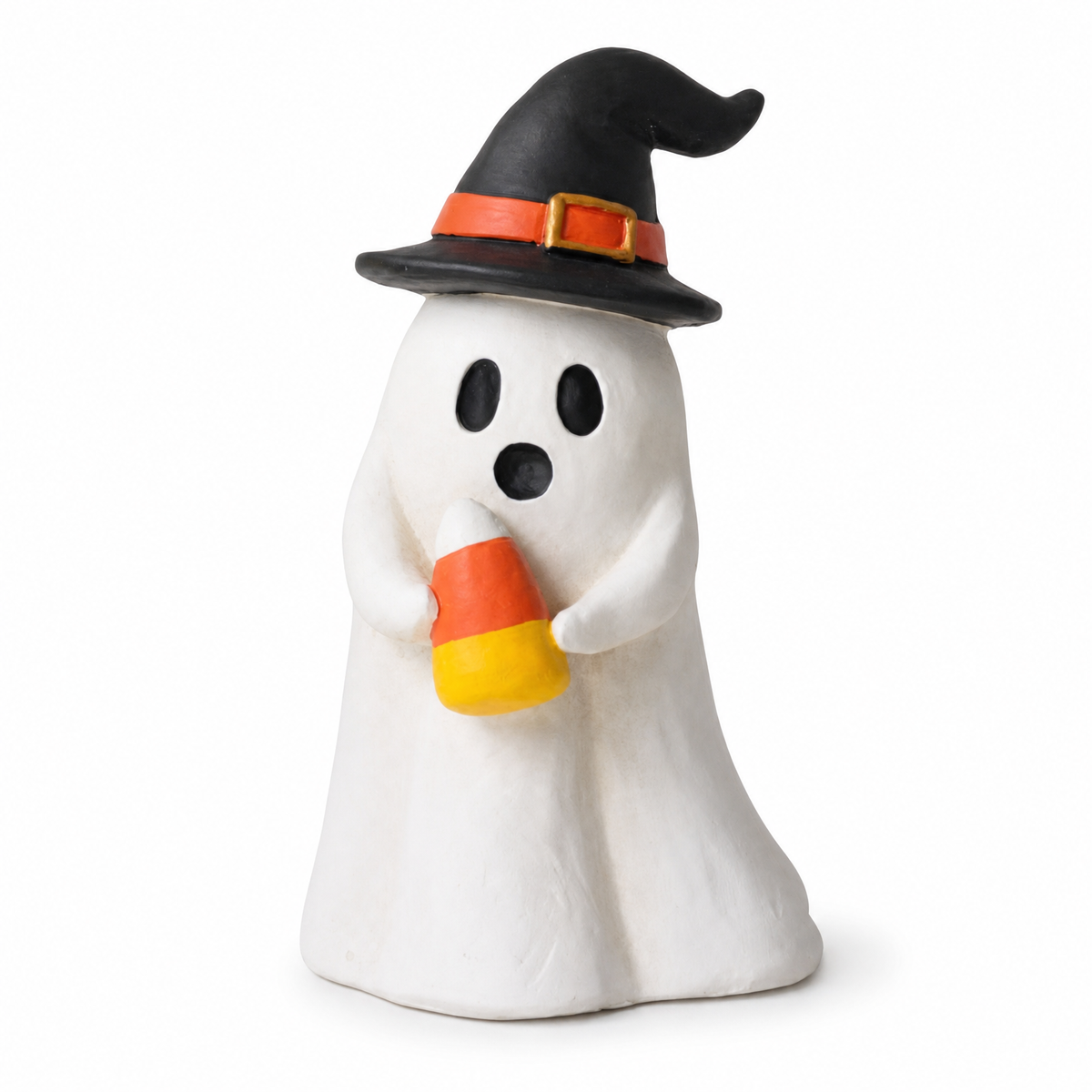Resin Halloween Ghost, Witch Hat design: a black witch hat with an orange band, holding a candy corn