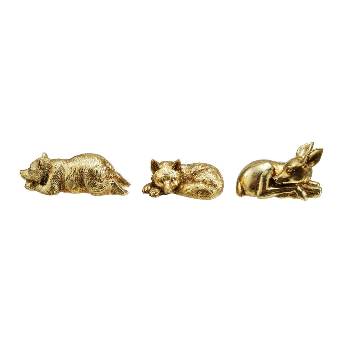 Resin Sleeping Animal Figurine, Three brushed gold resin figurines of sleeping animals, a bear, a fox, and a fawn, each curled up in a resting pose.