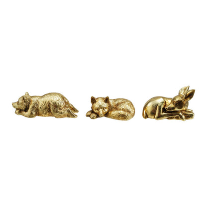 Resin Sleeping Animal Figurine, Three brushed gold resin figurines of sleeping animals, a bear, a fox, and a fawn, each curled up in a resting pose.