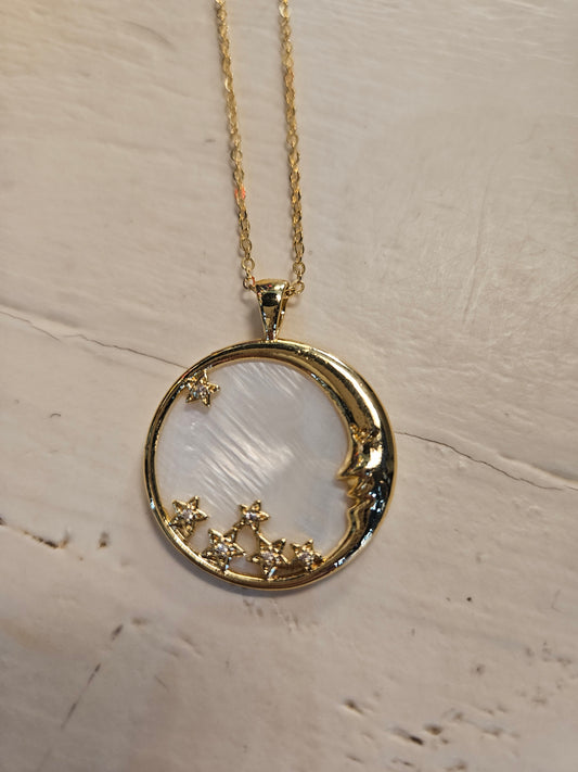 Gold Necklace with Sun and Moon Pendant with Opal Accent