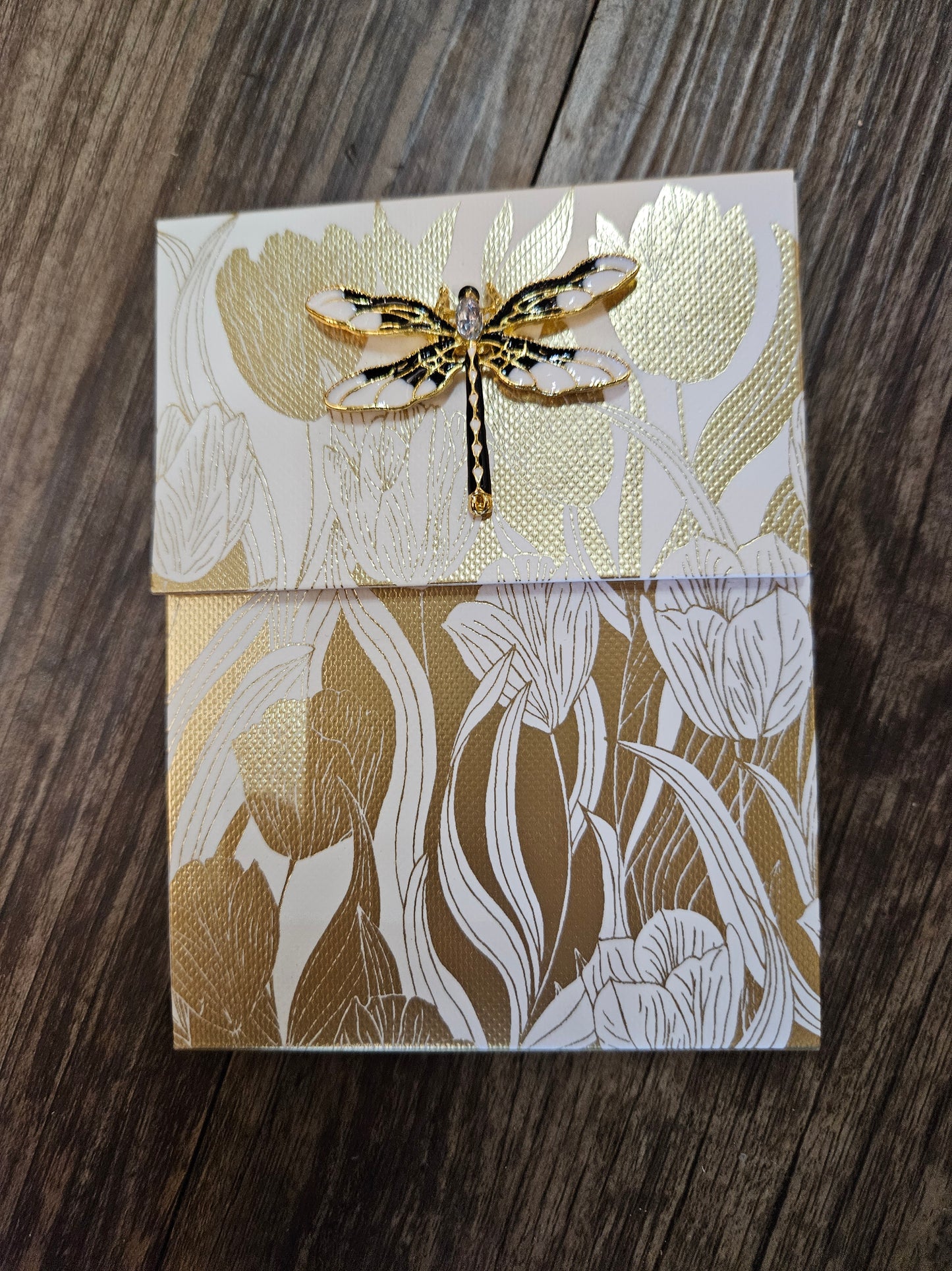 Fold Over Notepad with Dragonfly Brooch-Golden Botanical