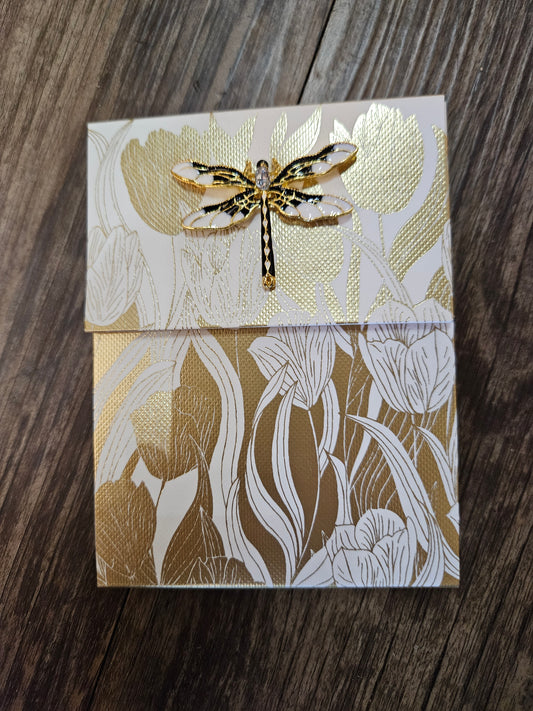 Fold Over Notepad with Dragonfly Brooch-Golden Botanical