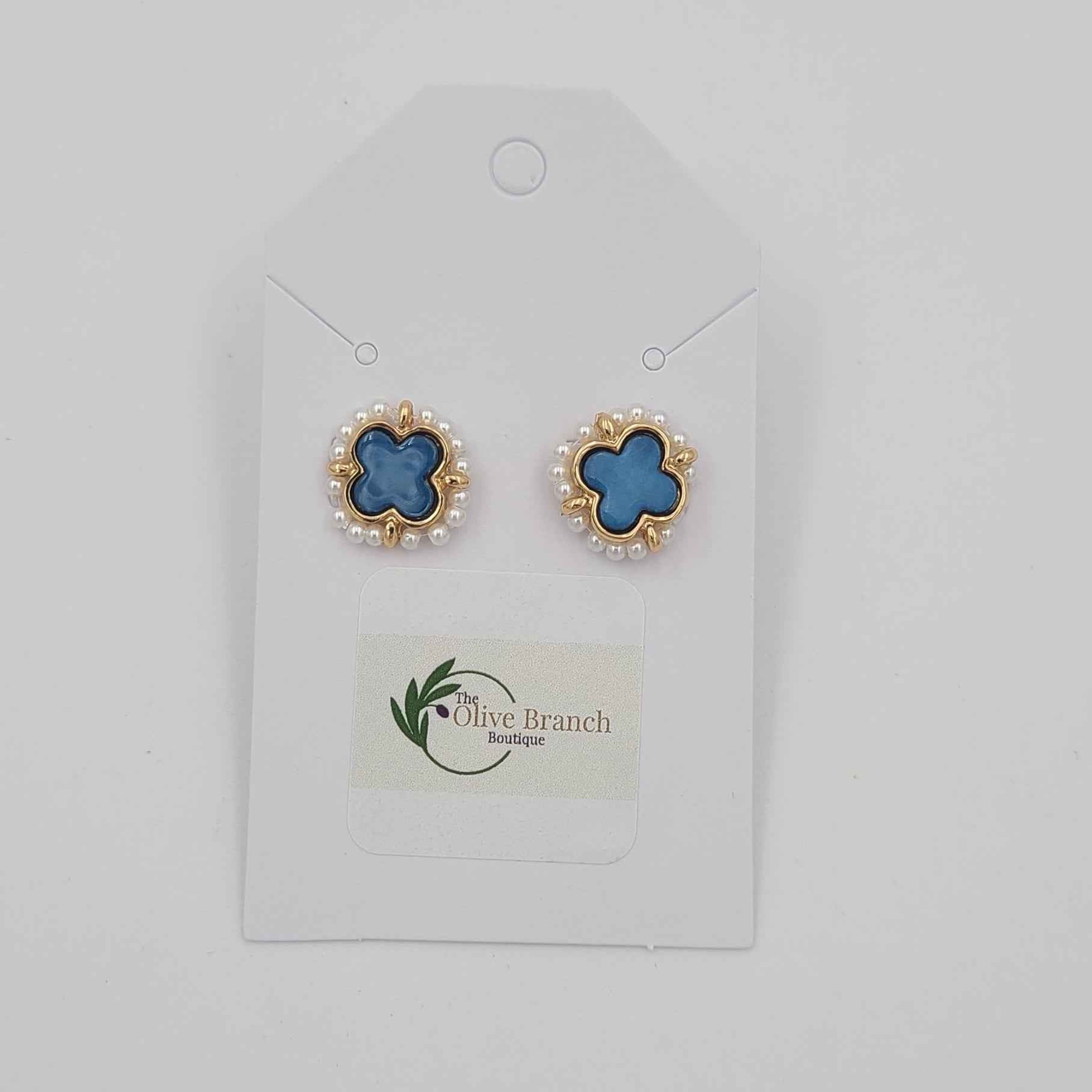 Blue Clover with Pearls Earrings