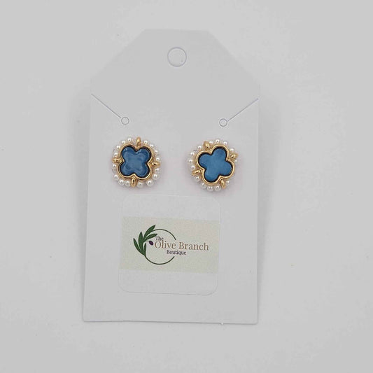 Blue Clover with Pearls Earrings